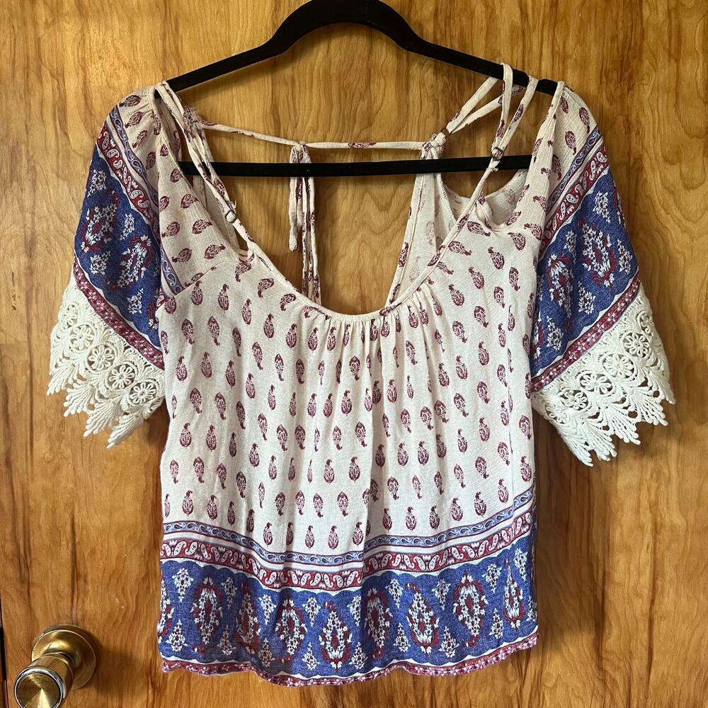 Floral Cream Blue Red Boho Paisley Print Off Shoulder Crop Top Size Medium